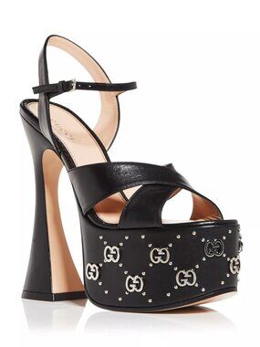 1290$ Gucci Janaya GG Embellished Platform High Heel Sandals Size 7.5 US Black
